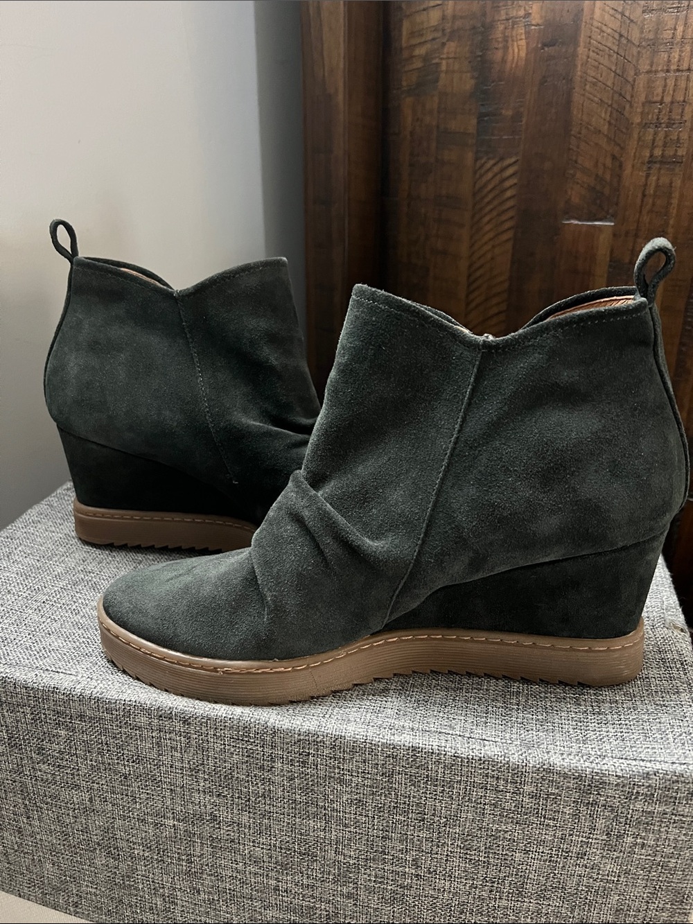 Sofft waterproof Dark Green Suede Ankle Booties with Tan Rubber Sole